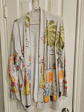 NWT XL Women’s Cream Graphic "Tropical Cafe" Cardigan Whimsical Vibrant Light